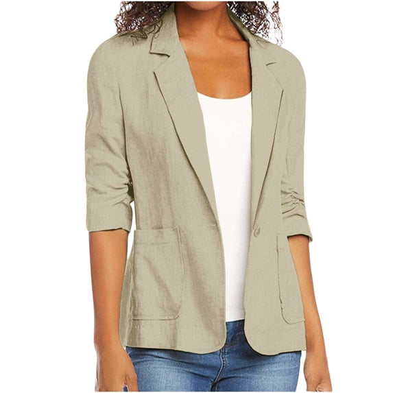 Wovilon Women's Cotton Linen Blazer with Rolled 3/4 Sleeves, Lapel Collar Single Button Open Front Lightweight Casual Jacket, Summer Work Office Outerwear with Pockets