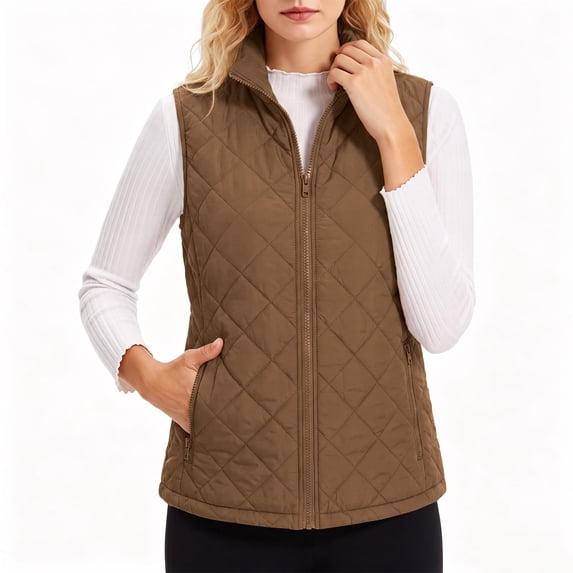 Wovilon Women's Diamond Quilted Puffer Vest Stand Collar Full Zip Sleeveless Lightweight Lined Outerwear with Pockets Casual Fall Winter