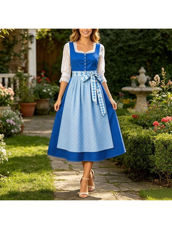 Women's Dirndl Style Oktoberfest Dress with Lace Trim Sleeves and Button Front, A-Line Midi with Self-Tie Waist for Traditional Bavarian Festival Costume and Fall Outings