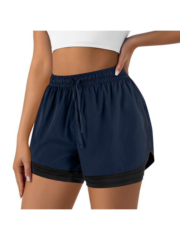 Women's Double Layer Running Shorts with Elastic Drawstring Waist and Curved Side Hem, Relaxed Fit 2-in-1 Athletic Workout Wear for Summer Gym Sports