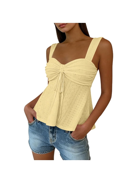 Women's Drawstring Front Eyelet Camisole Tank Top with Wide Straps, Sweetheart Neckline, Ruched Bust, Casual Summer Sleeveless Blouse for Vacation and Daily Wear