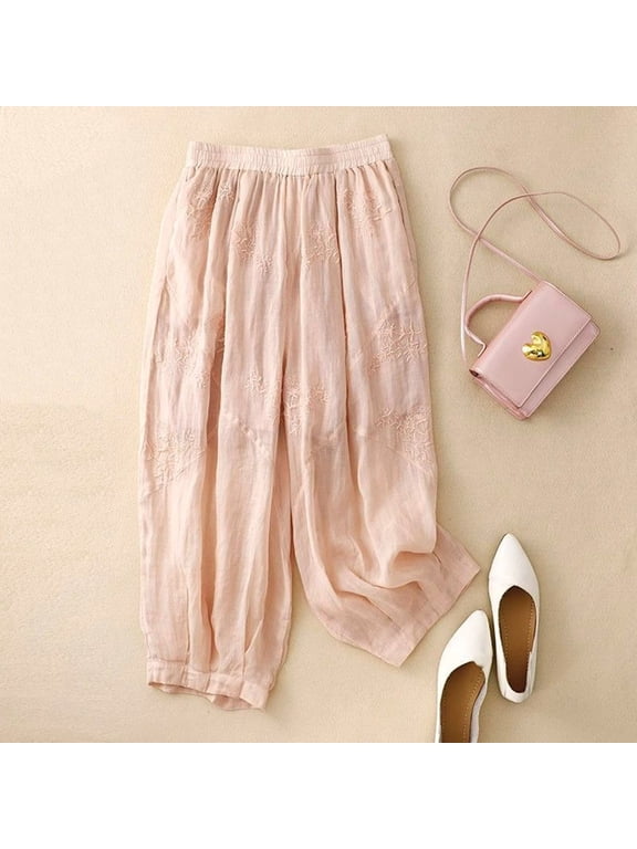 Women's Embroidered Loose Fit Harem Pants with Elastic Waist and Ankle Cuffs, Lightweight Breathable Cotton Linen Blend Summer Casual Bottoms for Vacation