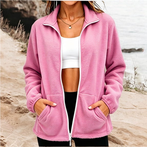 Wovilon Women's Fleece Jacket, Full Zip Stand Collar, Long Sleeve with Pockets, Warm Soft Fabric for Winter