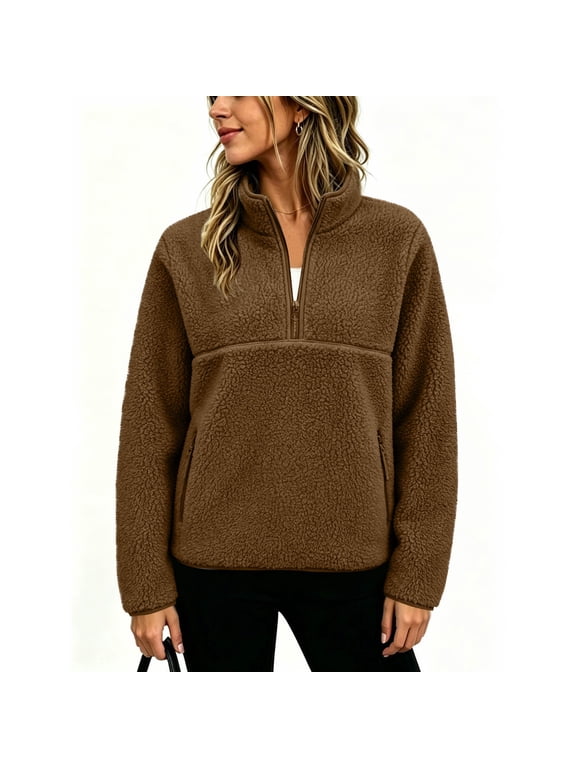 Women's Fleece Jacket, Half-Zip Stand Collar with Kangaroo Pocket, Cozy Solid Color for Fall Winter