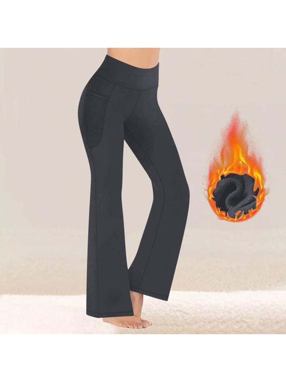 Women's Fleece Lined Flare Yoga Pants High Waisted Stretch Bootcut Leggings with Pockets Full Length Winter Workout Casual Trousers
