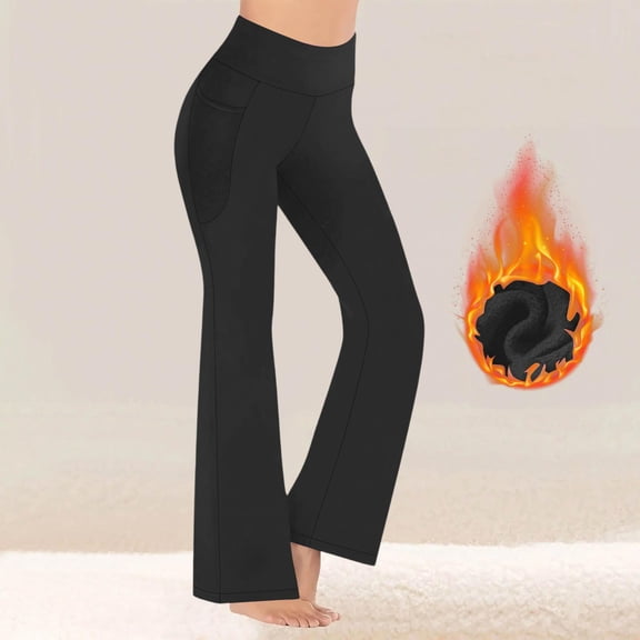 Wovilon Women's Fleece Lined Flare Yoga Pants High Waisted Stretch Bootcut Leggings with Pockets Full Length Winter Workout Casual Trousers