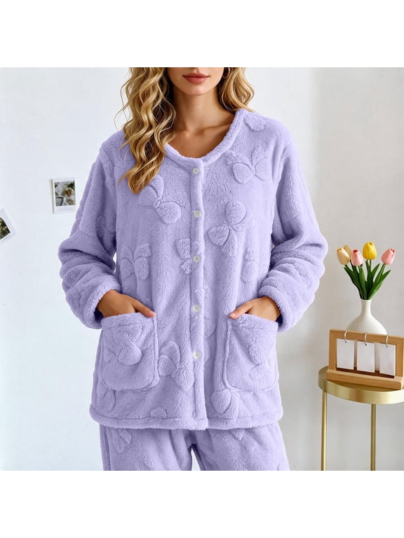 Women's Fleece Pajama Cardigan Button Front Bow Embossed Long Sleeve Bed Jacket with Pockets Cozy Warm Winter Sleepwear Top