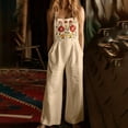 thumbnail image 1 of Wovilon Women's Floral Embroidered Sleeveless Wide Leg Jumpsuit with Pockets, Spaghetti Strap Boho Summer Vacation Outfit, Loose Fit Cotton Linen Overalls for Women, 1 of 9