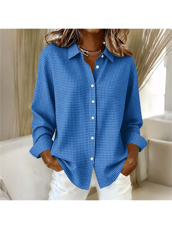 Women's Gingham Check Button-Down Long Sleeve Shirt with Relaxed Fit, Collared Curved Hem Design for Spring Casual Office Work and Vacation Travel