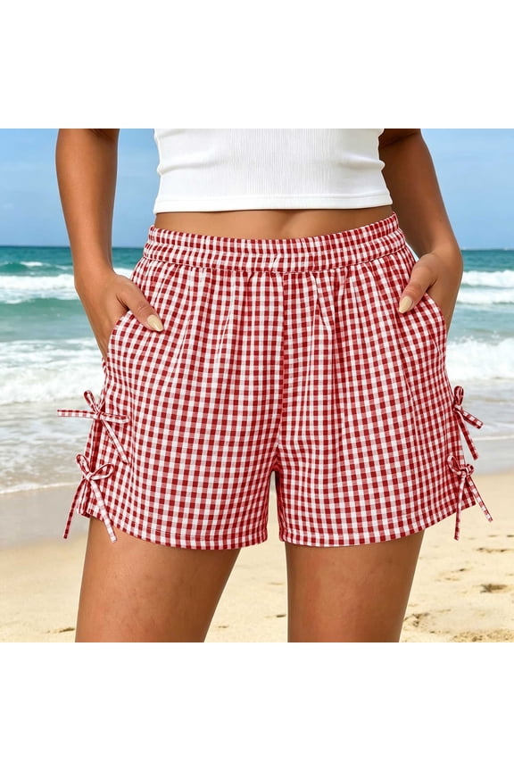 Women's Gingham Checkered Shorts with Side Bow Tie Detail and Pockets, Elastic Waist Casual Summer Vacation Beach Bottoms for Daily Wear