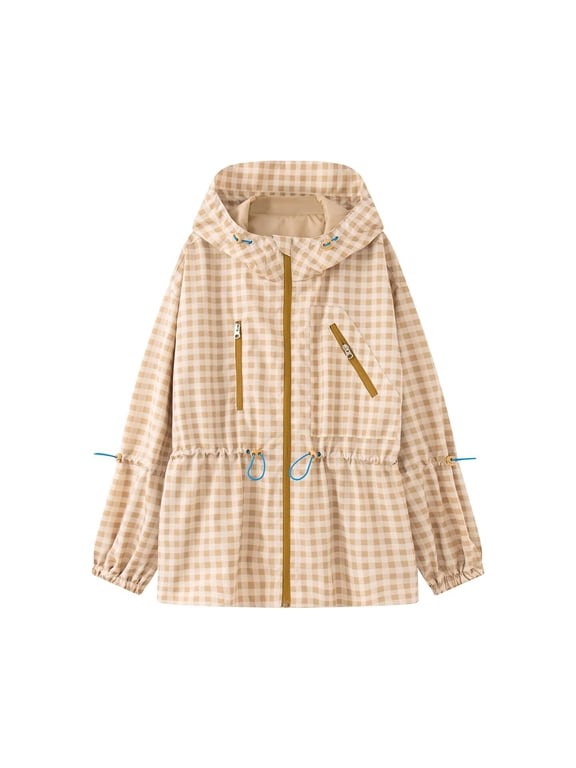 Women's Gingham Jacket, Hooded Zip-Up with Drawstring Hem and Pockets, Loose Fit Lightweight for Fall Spring