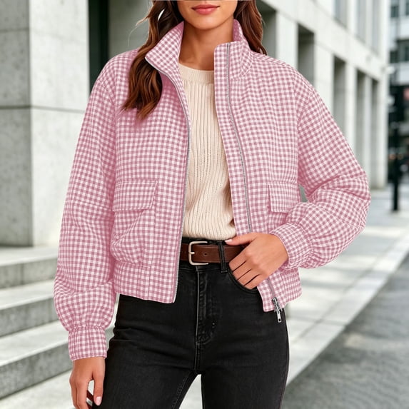 Wovilon Women's Gingham Jacket, Stand Collar Zip-Up with Flap Pockets, Long Sleeve Cropped Fit for Spring Fall