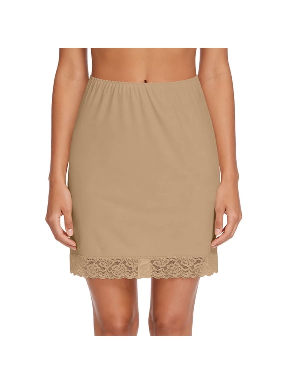 Women‘s Half Slip Lace Trim Underskirt Short Side Slit Elastic Waist Non-Cling Breathable Solid Color Under Dress Skirt