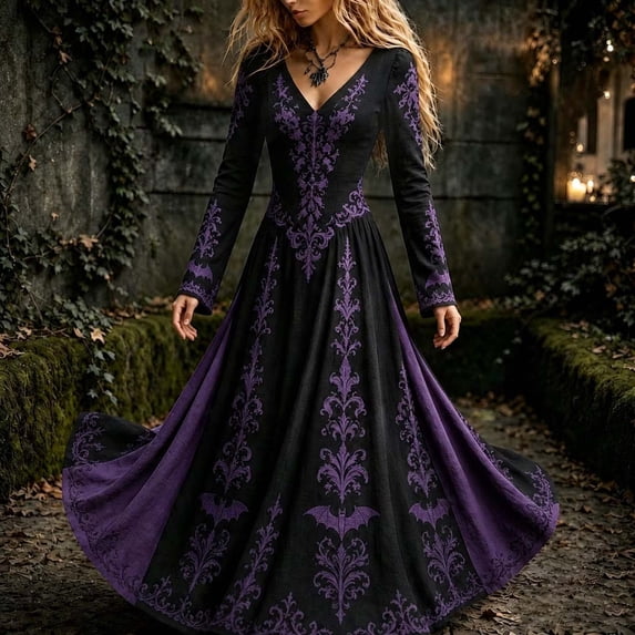 Wovilon Women's Halloween Dress Gothic Floral Bat Print V Neck Long Sleeve Flare Silhouette Maxi Dress Pull On Stretch Vintage Fall Party Costume