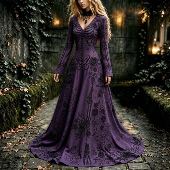 Wovilon Women's Halloween Gothic Skeleton Maxi Dress V Neck Long Sleeve A Line Rose Spider Web Print Costume Party Cosplay Gown