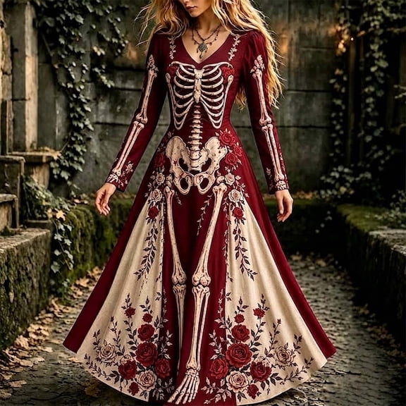 Wovilon Women's Halloween Skeleton Maxi Dress V-Neck Long Sleeve Gothic Rose Floral Bone Print Stretch Costume for Adult Halloween Parties
