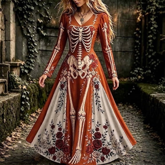 Wovilon Women's Halloween Skeleton Maxi Dress V-Neck Long Sleeve Gothic Rose Floral Bone Print Stretch Costume for Adult Halloween Parties