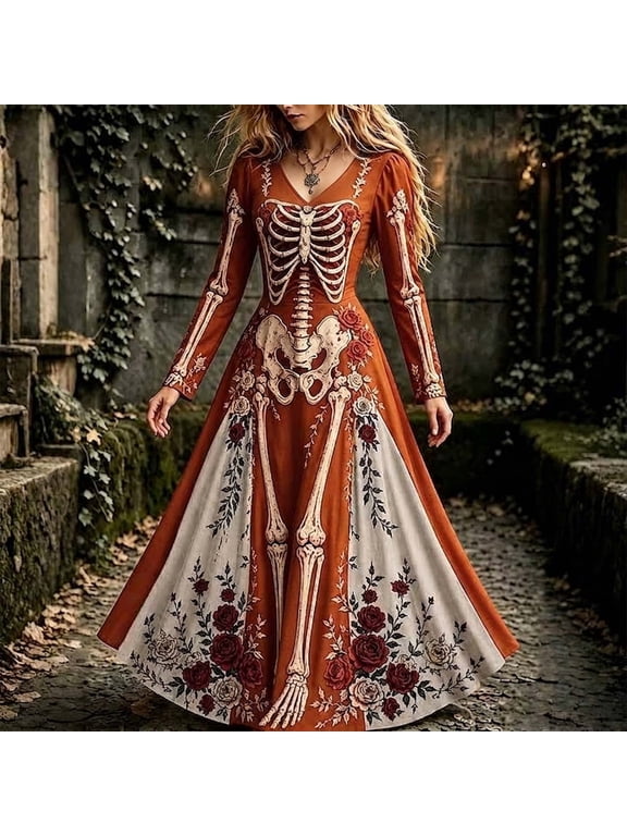 Women's Halloween Skeleton Maxi Dress V-Neck Long Sleeve Gothic Rose Floral Bone Print Stretch Costume for Adult Halloween Parties