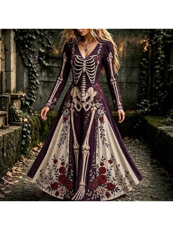 Women's Halloween Skeleton Maxi Dress V-Neck Long Sleeve Gothic Rose Floral Bone Print Stretch Costume for Adult Halloween Parties