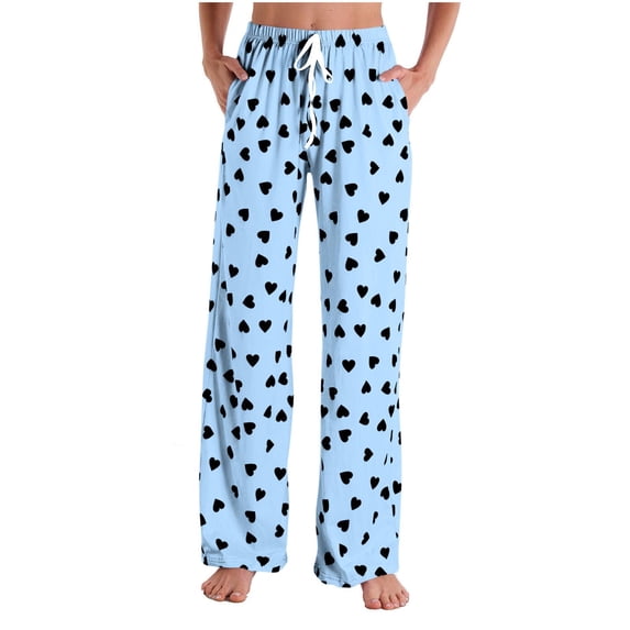 Wovilon Women's Heart Print Drawstring Relaxed Fit Pants, Soft Stretch Wide Leg Trousers with Pockets, Casual Comfortable Bottoms for Home and Everyday Wear