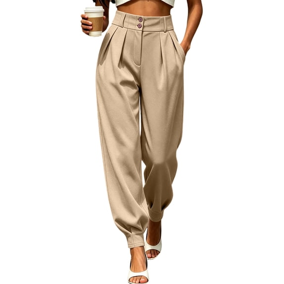 Wovilon Women's High Waist Pleated Tapered Ankle Pants with Pockets, Double Button Closure Work Trousers for Office Commute Business Casual Spring Fall Everyday Wear
