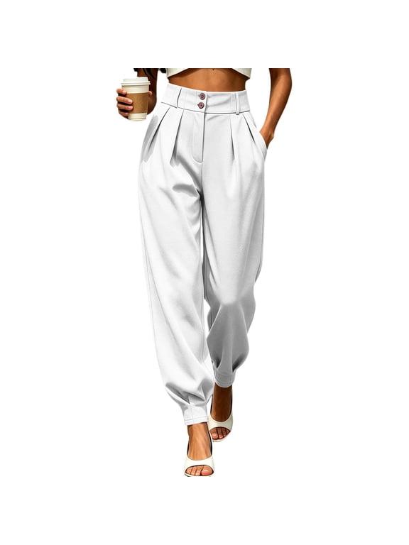Women's High Waist Pleated Tapered Ankle Pants with Pockets, Double Button Closure Work Trousers for Office Commute Business Casual Spring Fall Everyday Wear