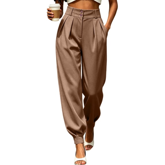 Wovilon Women's High Waist Pleated Tapered Ankle Pants with Pockets, Double Button Closure Work Trousers for Office Commute Business Casual Spring Fall Everyday Wear