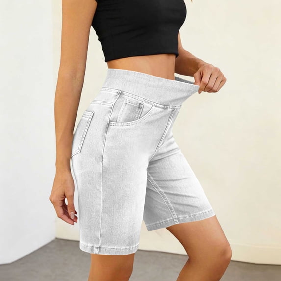 Wovilon Women's High Waist Stretch Denim Bermuda Shorts with Pockets, Pull-On Slim Fit Knee Length Jeans Shorts, Classic Casual Summer Bottoms for Daily Wear