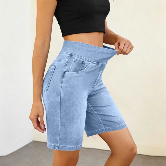 Wovilon Women's High Waist Stretch Denim Bermuda Shorts with Pockets, Pull-On Slim Fit Knee Length Jeans Shorts, Classic Casual Summer Bottoms for Daily Wear