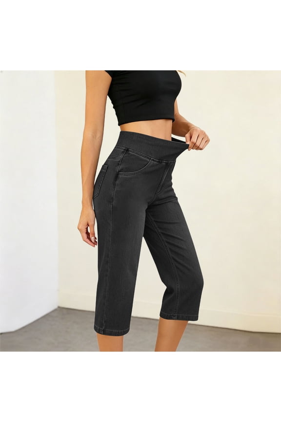 Women's High Waisted Pull-On Denim Capri Pants with Pockets, Stretch Fit Casual Cropped Jeans for Summer Vacation and Daily Wear