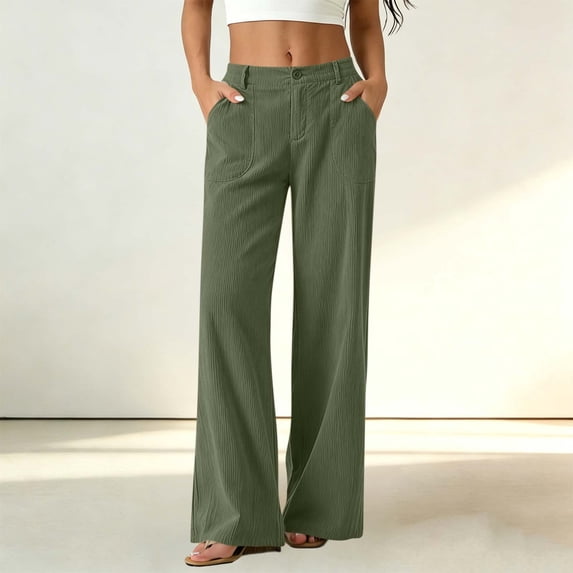 Wovilon Women's High Waisted Wide Leg Pants, Corduroy Texture Button Fly Relaxed Fit Casual Straight Trousers with Pockets for Fall Winter Daily Wear