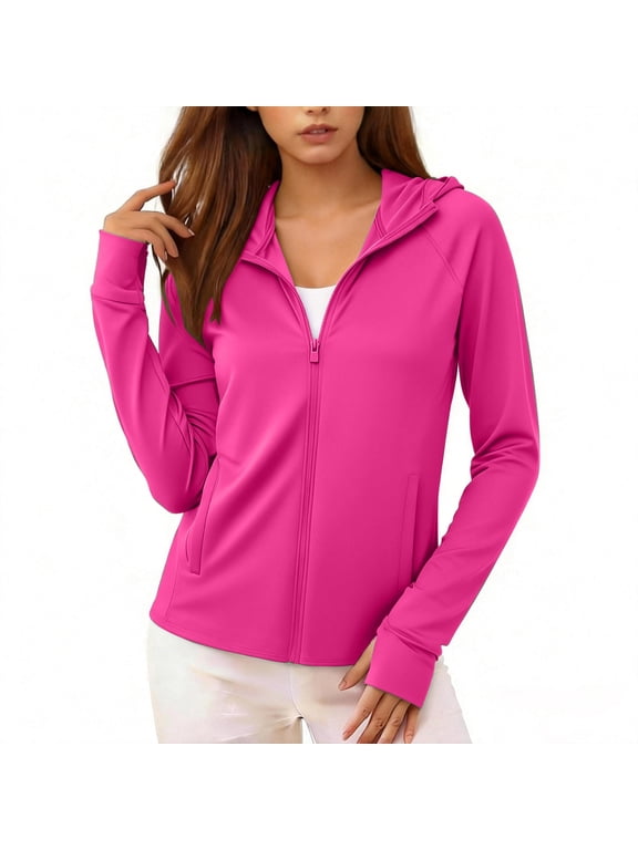 Women's Hooded Full-Zip Running Jacket with Thumbhole Cuffs and Zippered Pockets, Lightweight Quick-Dry Sun Protection Athletic Sportswear for Gym Workout and Yoga