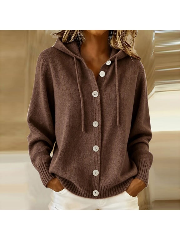 Women's Hooded Knit Sweater, Button Front Long Sleeve with Drawstring, Solid Ribbed Trim for Fall Winter