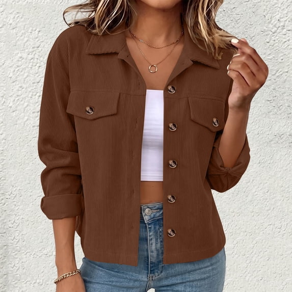 Wovilon Women's Jacket, Cropped Fit with Button Front and Flap Pockets, Corduroy Fabric for Fall Winter