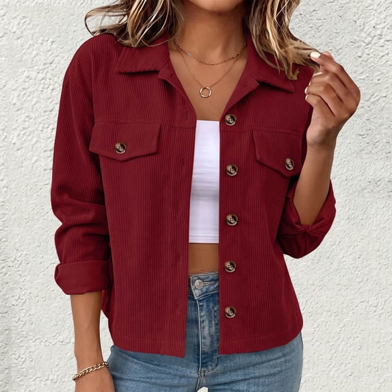 Wovilon Women's Jacket, Cropped Fit with Button Front and Flap Pockets, Corduroy Fabric for Fall Winter
