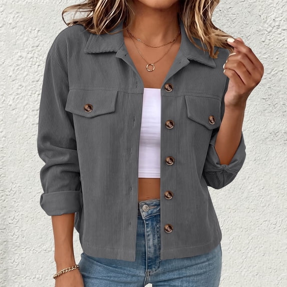 Wovilon Women's Jacket, Cropped Fit with Button Front and Flap Pockets, Corduroy Fabric for Fall Winter
