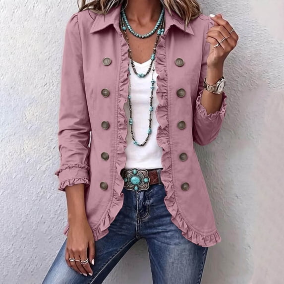 Wovilon Women's Jacket, Double-Breasted with Ruffle Trim and Collared Neck, Long Sleeve Solid Color for Fall Spring