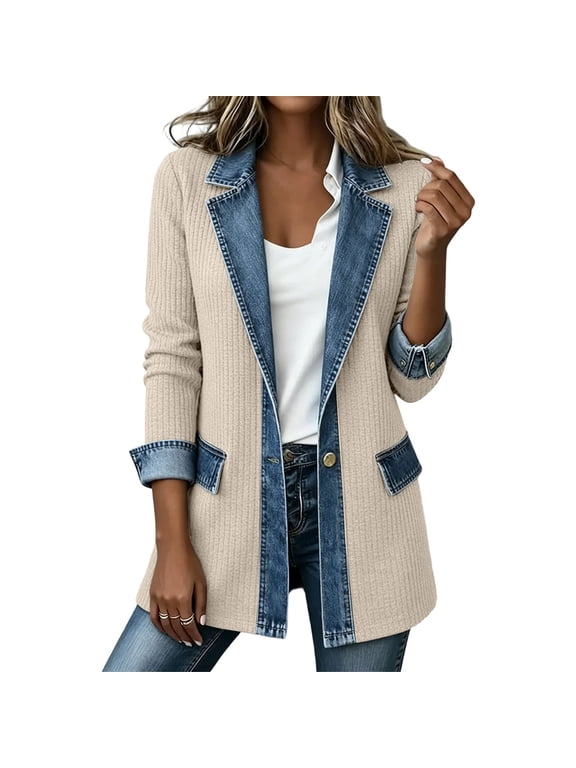 Women's Knit Blazer Jacket with Denim Patchwork Trim, Open Front Long Sleeve Cardigan Coat with Pockets, Relaxed Fit Casual Outerwear for Spring Fall Daily Wear