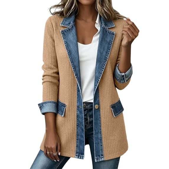 Wovilon Women's Knit Blazer Jacket with Denim Patchwork Trim, Open Front Long Sleeve Cardigan Coat with Pockets, Relaxed Fit Casual Outerwear for Spring Fall Daily Wear