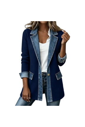 Women's Knit Blazer Jacket with Denim Patchwork Trim, Open Front Long Sleeve Cardigan Coat with Pockets, Relaxed Fit Casual Outerwear for Spring Fall Daily Wear