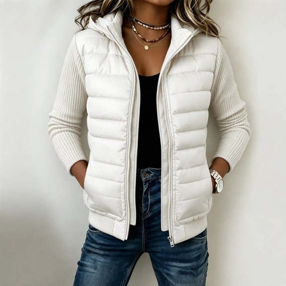 Wovilon Women's Knit Sleeve Puffer Jacket Mixed Media Quilted Hooded Full Zip Loose Fit Warm Outerwear with Pockets Casual Fall Winter