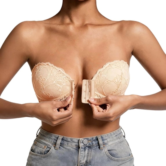Wovilon Women's Lace Strapless Front Closure Bra with Push Up Supportive Design and Soft Comfortable Fit, Solid Color Everyday Bras for Daily Wear