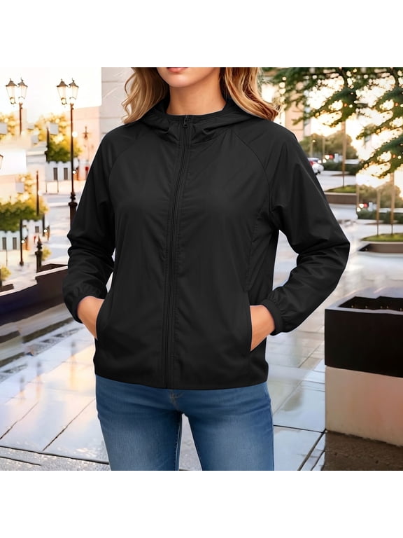 Women's Lightweight Hooded Sun Protection Jacket, Full Zip Summer Casual Outerwear with Pockets, Solid Color Breathable Activewear Coat Sweaters