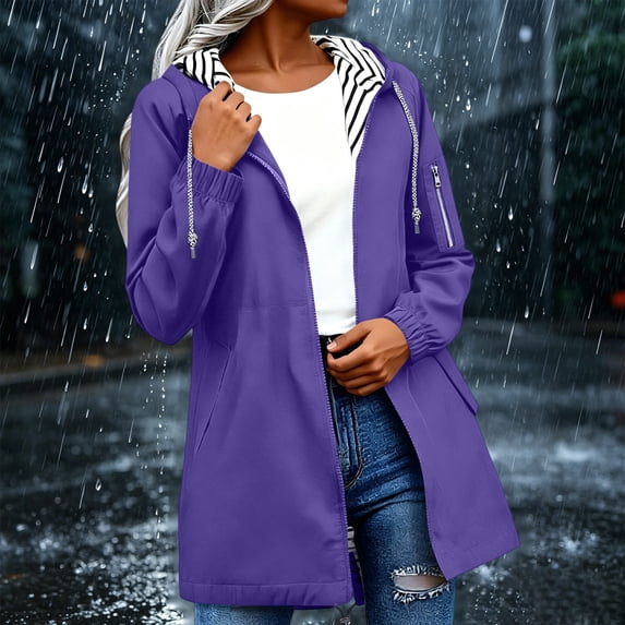 Wovilon Women's Lightweight Waterproof Rain Jacket, Hooded Longline Windbreaker with Zip Pocket and Elastic Cuffs, Relaxed Fit Outdoor Travel Coat for Spring Fall