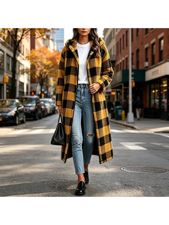 Women's Long Plaid Plush Hooded Coat, Full Zip Buffalo Check Jacket with Pockets for Fall Winter Casual Wear