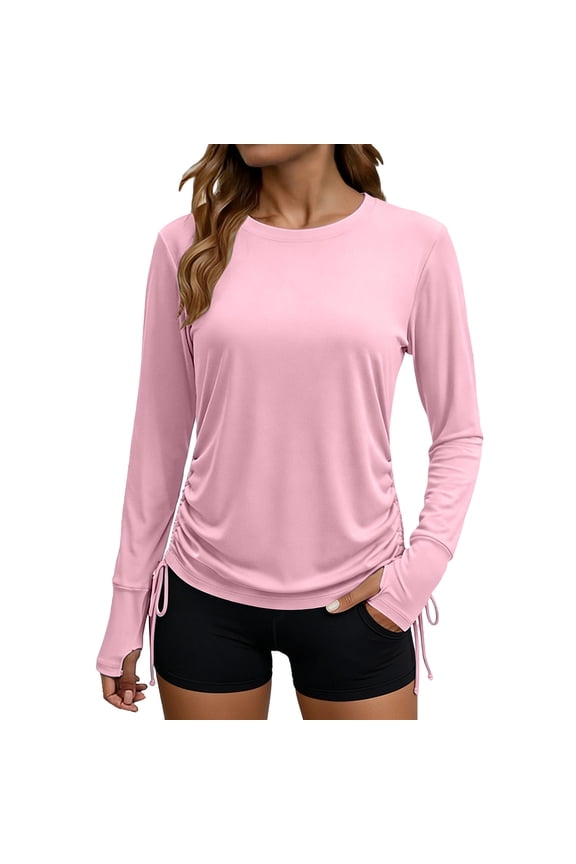Women's Long Sleeve Sun Protection Top, Side Drawstring Crew Neck Shirt with Thumb Holes, Lightweight Summer UV Protection Shirt Blouses & Tops