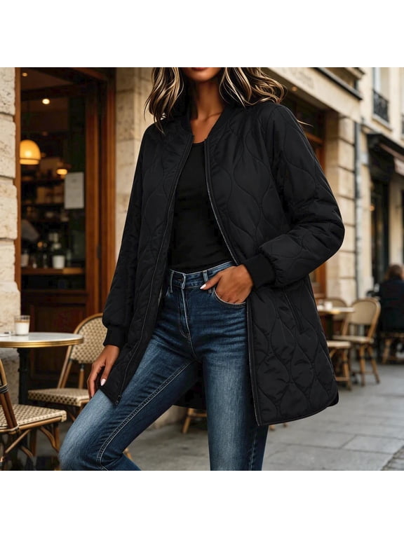 Women's Longline Quilted Bomber Jacket, Lightweight Full Zip Mid-Length Coat with Zipper Pockets and Side Slit Hem