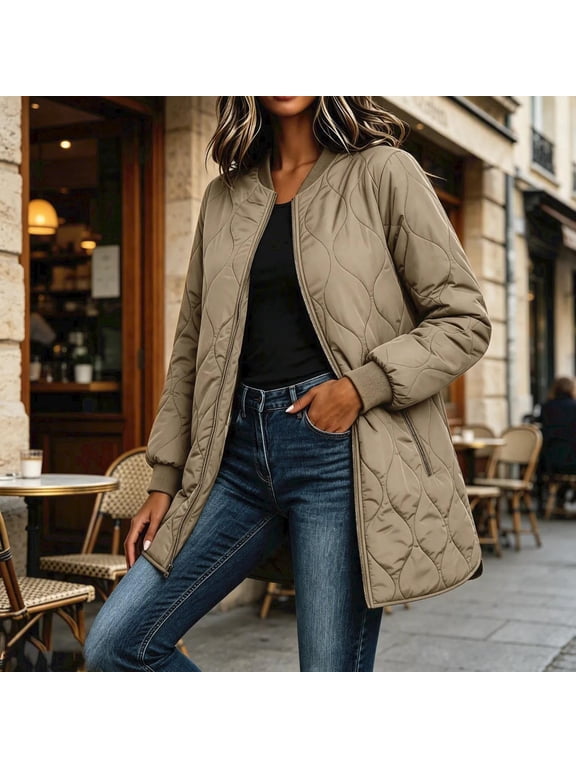Women's Longline Quilted Bomber Jacket, Lightweight Full Zip Mid-Length Coat with Zipper Pockets and Side Slit Hem