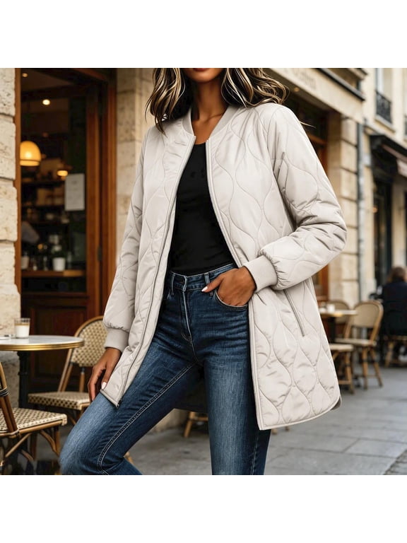Women's Longline Quilted Bomber Jacket, Lightweight Full Zip Mid-Length Coat with Zipper Pockets and Side Slit Hem