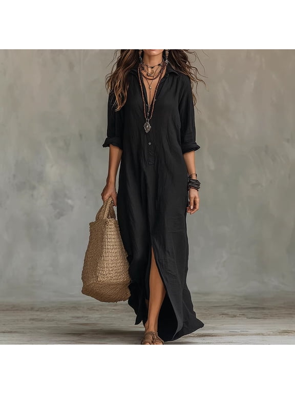 Women's Maxi Shirt Dresses, Casual Button Down Long Tunic Tops with Front Slit, Loose Fit Roll-Up Sleeve Solid Color Beach Cover Up Dress, Lightweight Summer Vacation Wear